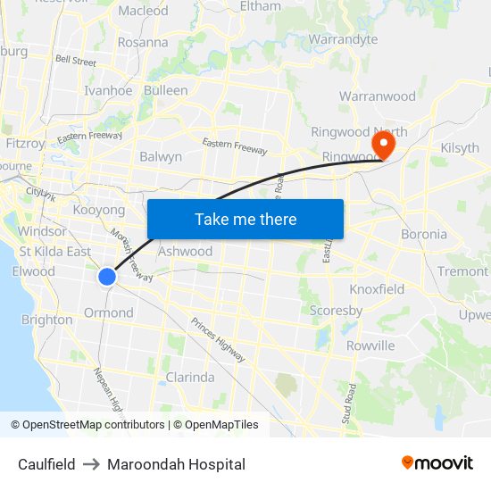 Caulfield to Maroondah Hospital map