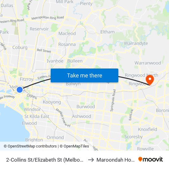 2-Collins St/Elizabeth St (Melbourne City) to Maroondah Hospital map