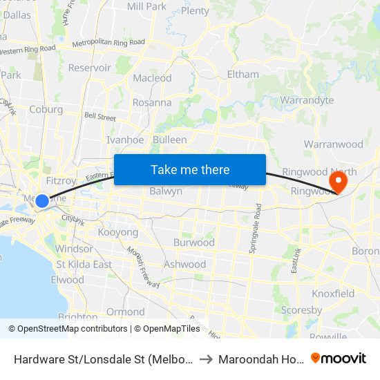 Hardware St/Lonsdale St (Melbourne City) to Maroondah Hospital map