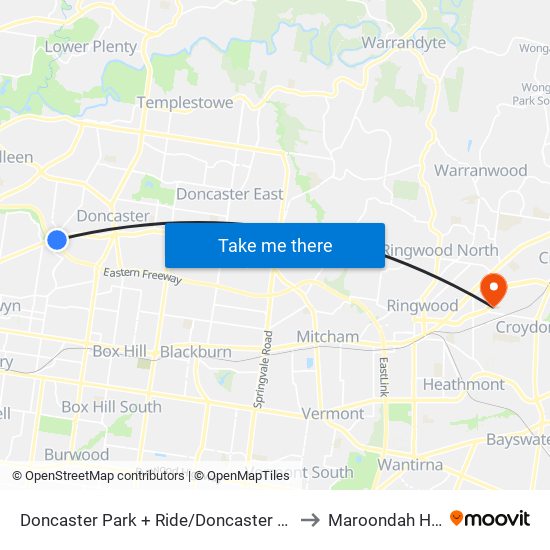 Doncaster Park + Ride/Doncaster Rd (Doncaster) to Maroondah Hospital map