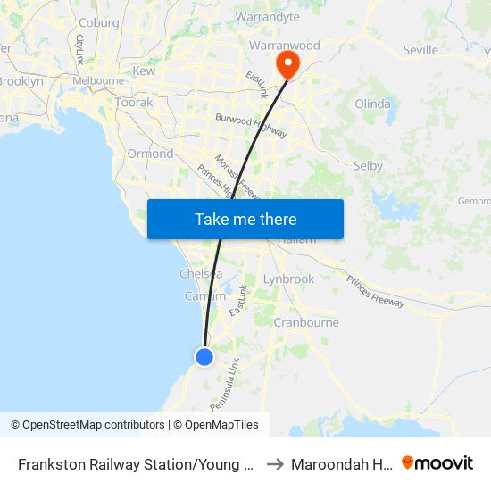 Frankston Railway Station/Young St (Frankston) to Maroondah Hospital map