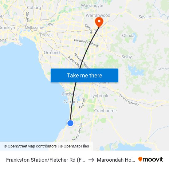 Frankston Station/Fletcher Rd (Frankston) to Maroondah Hospital map