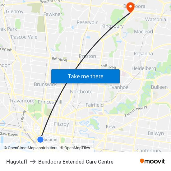 Flagstaff to Bundoora Extended Care Centre map