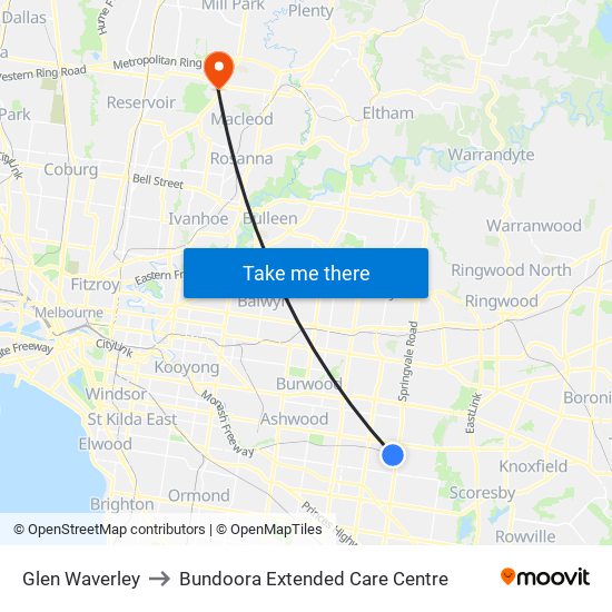 Glen Waverley to Bundoora Extended Care Centre map