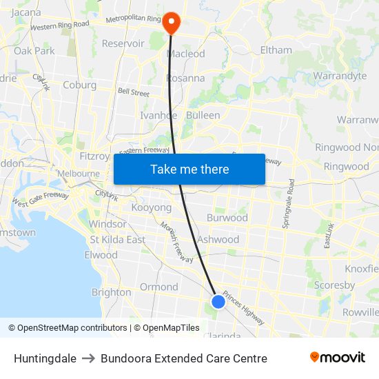 Huntingdale to Bundoora Extended Care Centre map