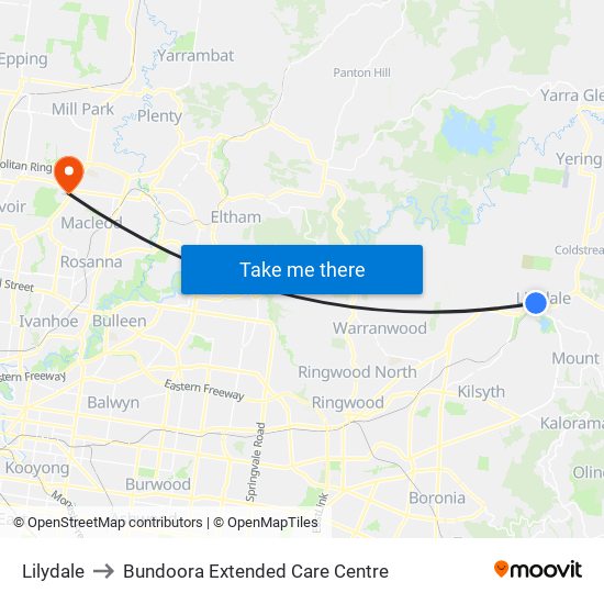 Lilydale to Bundoora Extended Care Centre map