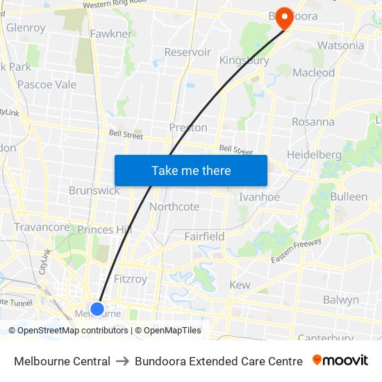 Melbourne Central to Bundoora Extended Care Centre map