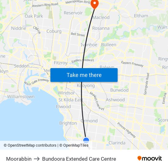 Moorabbin to Bundoora Extended Care Centre map