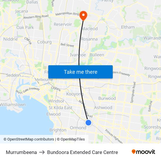 Murrumbeena to Bundoora Extended Care Centre map
