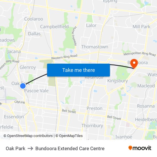 Oak Park to Bundoora Extended Care Centre map