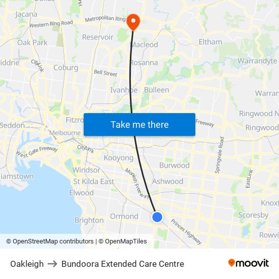 Oakleigh to Bundoora Extended Care Centre map