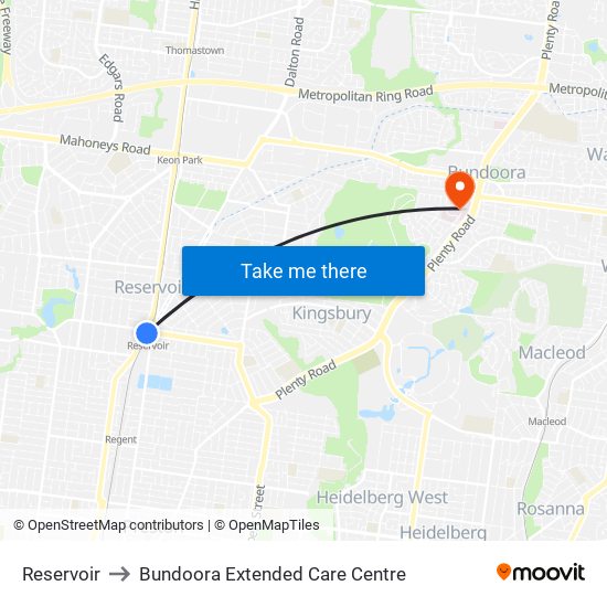 Reservoir to Bundoora Extended Care Centre map