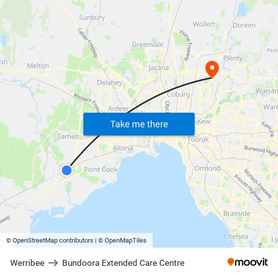 Werribee to Bundoora Extended Care Centre map