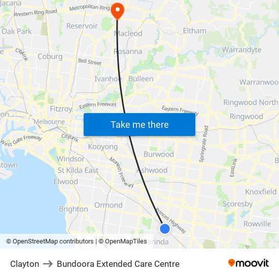Clayton to Bundoora Extended Care Centre map