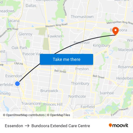 Essendon to Bundoora Extended Care Centre map