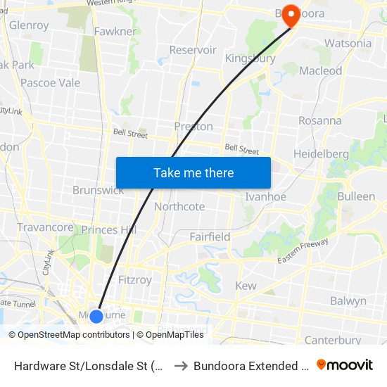 Hardware St/Lonsdale St (Melbourne City) to Bundoora Extended Care Centre map