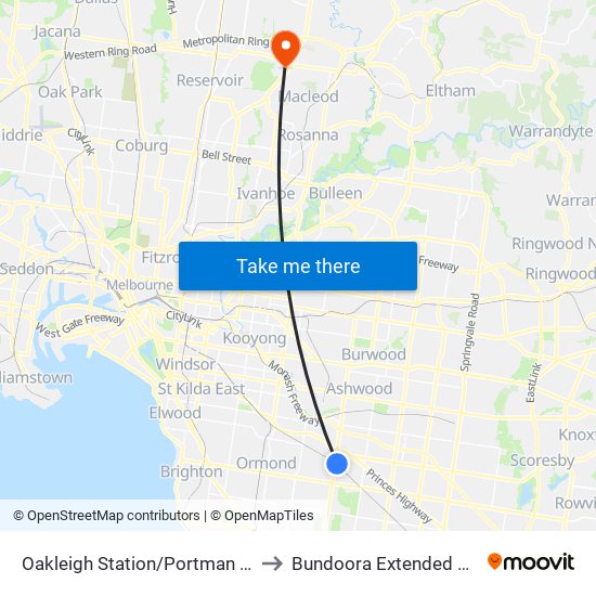 Oakleigh Station/Portman St (Oakleigh) to Bundoora Extended Care Centre map