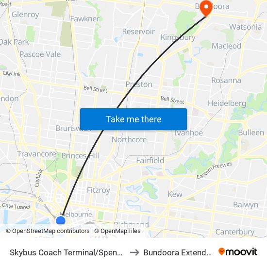 Skybus Coach Terminal/Spencer St (Melbourne City) to Bundoora Extended Care Centre map