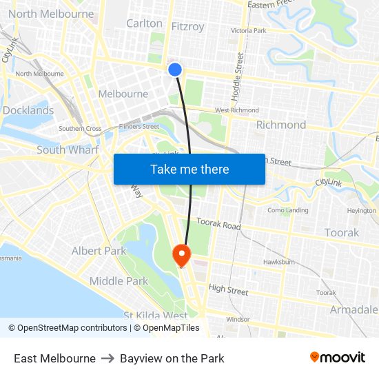 East Melbourne to Bayview on the Park map