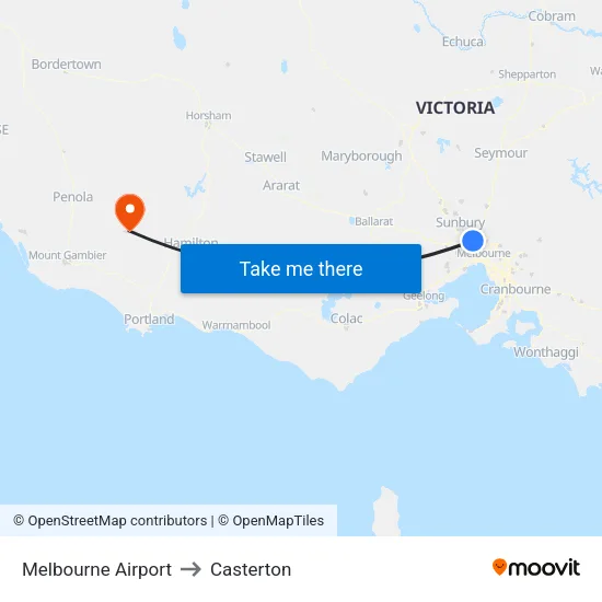 Melbourne Airport to Casterton map