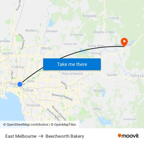 East Melbourne to Beechworth Bakery map