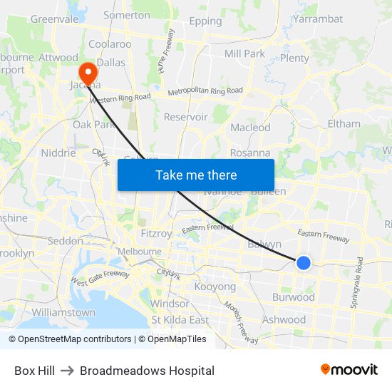 Box Hill to Broadmeadows Hospital map