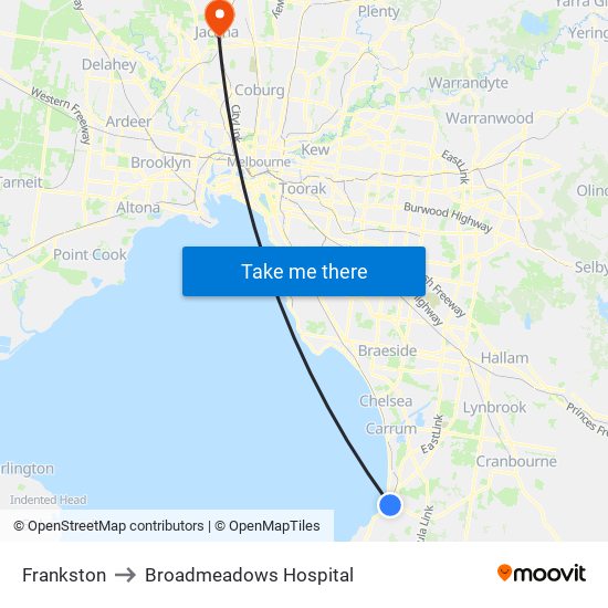 Frankston to Broadmeadows Hospital map