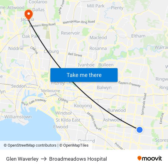 Glen Waverley to Broadmeadows Hospital map