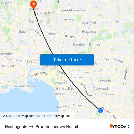 Huntingdale to Broadmeadows Hospital map