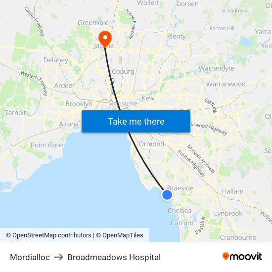 Mordialloc to Broadmeadows Hospital map