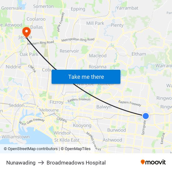 Nunawading to Broadmeadows Hospital map