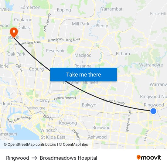 Ringwood to Broadmeadows Hospital map