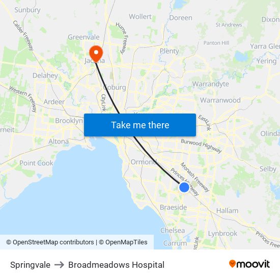 Springvale to Broadmeadows Hospital map