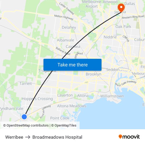 Werribee to Broadmeadows Hospital map