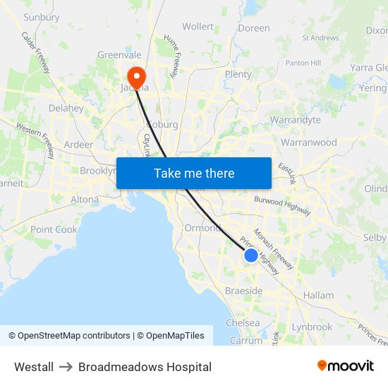 Westall to Broadmeadows Hospital map