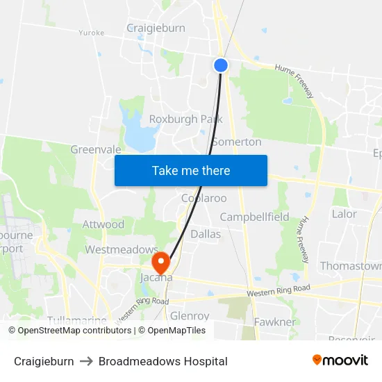 Craigieburn to Broadmeadows Hospital map