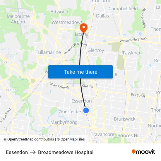 Essendon to Broadmeadows Hospital map