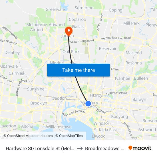 Hardware St/Lonsdale St (Melbourne City) to Broadmeadows Hospital map