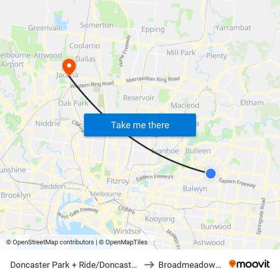 Doncaster Park + Ride/Doncaster Rd (Doncaster) to Broadmeadows Hospital map