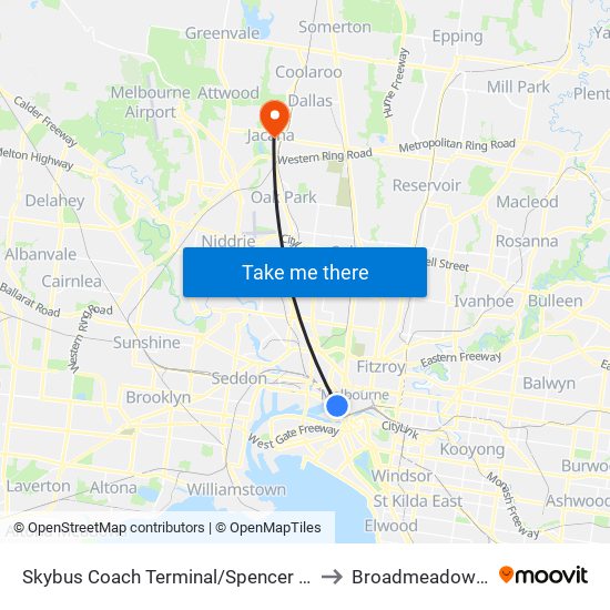 Skybus Coach Terminal/Spencer St (Melbourne City) to Broadmeadows Hospital map