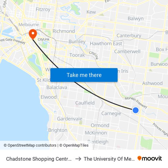 Chadstone Shopping Centre/Eastern Access Rd (Malvern East) to The University Of Melbourne Southbank Campus map