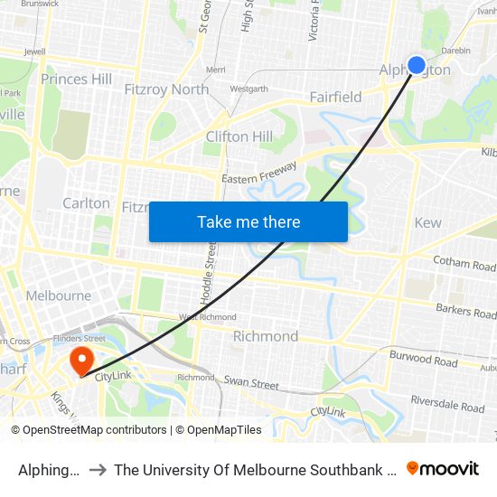 Alphington to The University Of Melbourne Southbank Campus map