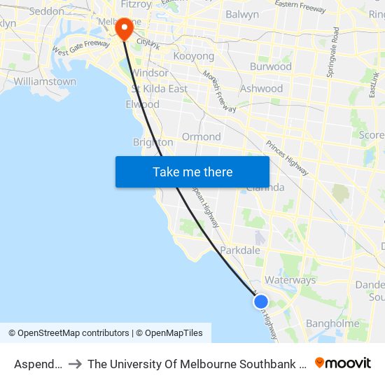 Aspendale to The University Of Melbourne Southbank Campus map