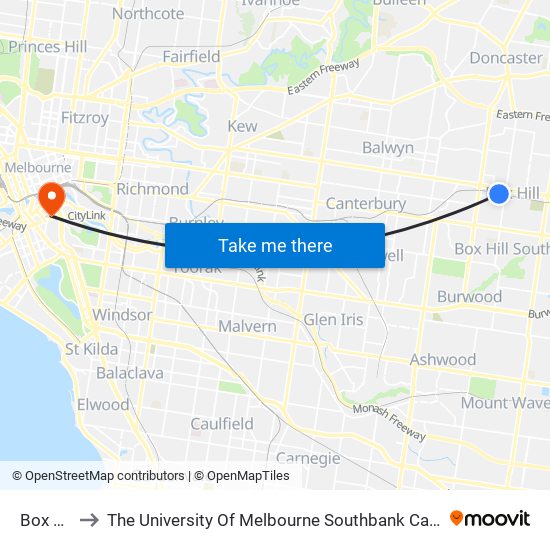 Box Hill to The University Of Melbourne Southbank Campus map