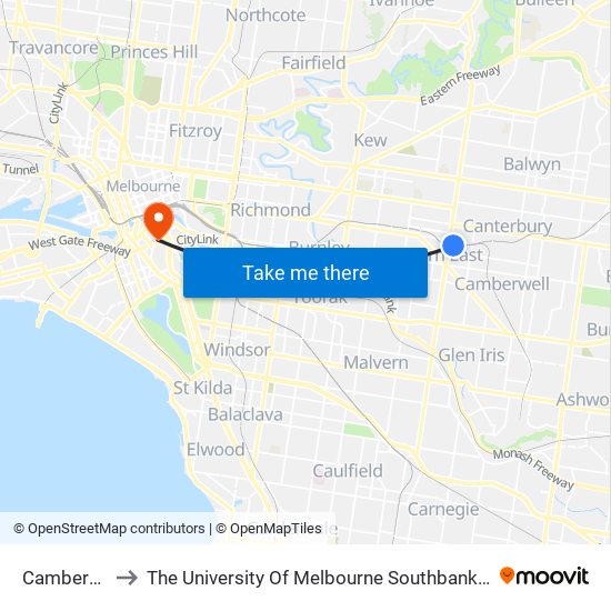 Camberwell to The University Of Melbourne Southbank Campus map