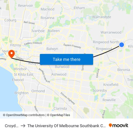 Croydon to The University Of Melbourne Southbank Campus map
