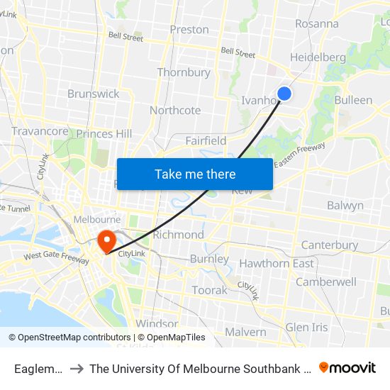 Eaglemont to The University Of Melbourne Southbank Campus map