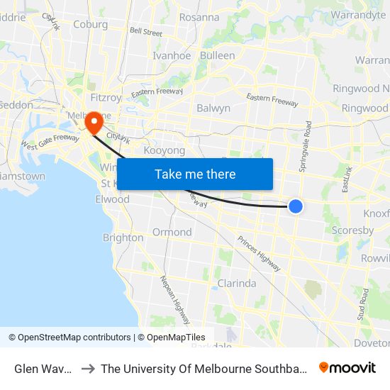 Glen Waverley to The University Of Melbourne Southbank Campus map