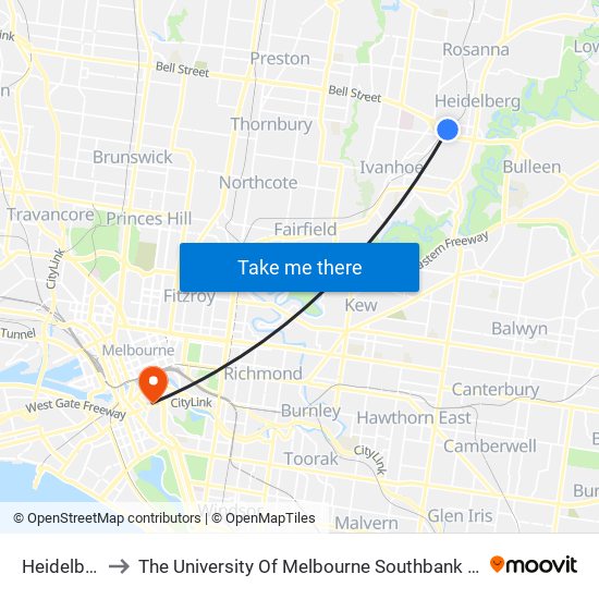 Heidelberg to The University Of Melbourne Southbank Campus map