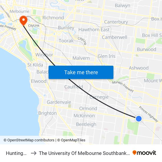 Huntingdale to The University Of Melbourne Southbank Campus map